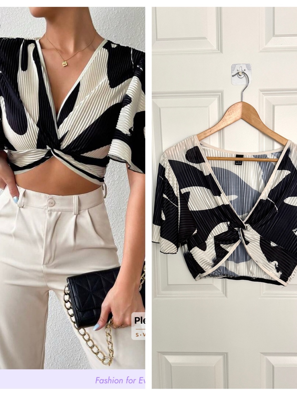 Women’s Black & White Twist-Front V-Neck Top Size Large Shein Summer Crop Top